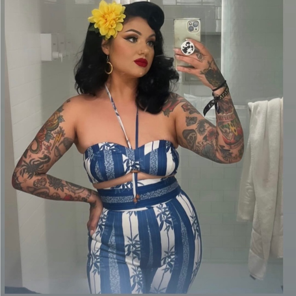 Pinup Couture Navy Blue & White Striped Crop Top and Skirt Set